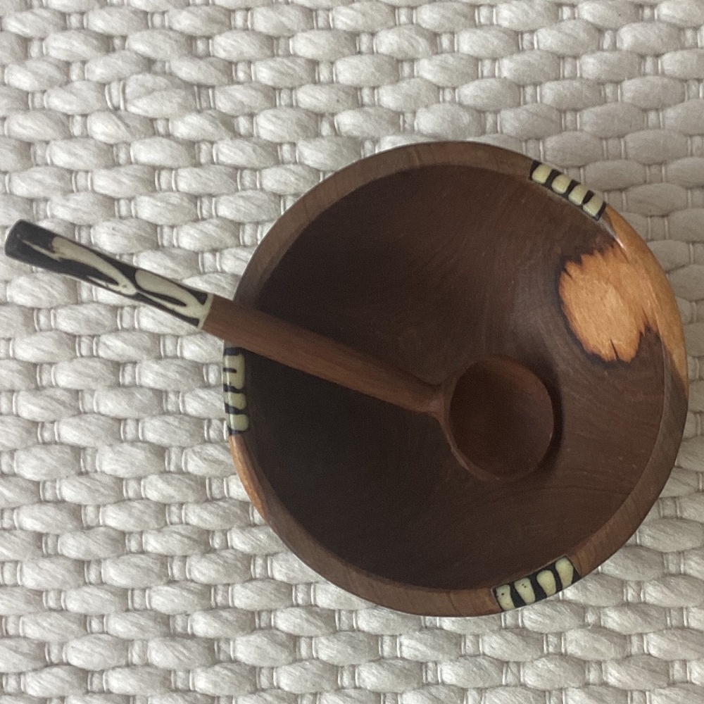 African Wooden Bowl and Spoon Hand Carved Inlay Rustic Salt Condiment Nuts